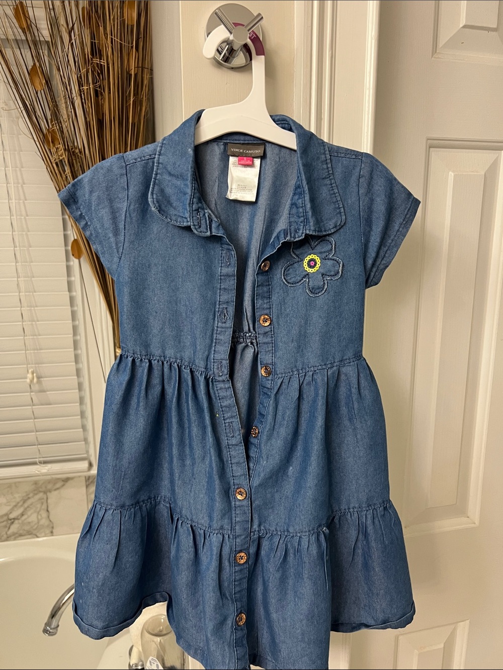 Vince Camuto Blue Denim Tiered Button-Front Dress with Flower Embroidery